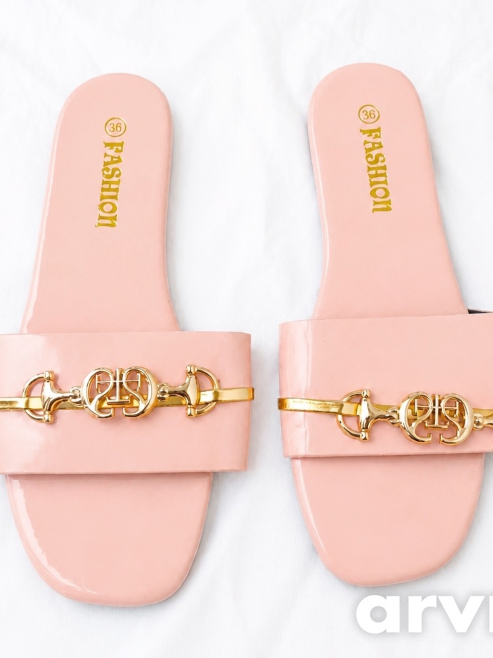 Pink Slide Sandals with Gold Chain Accent